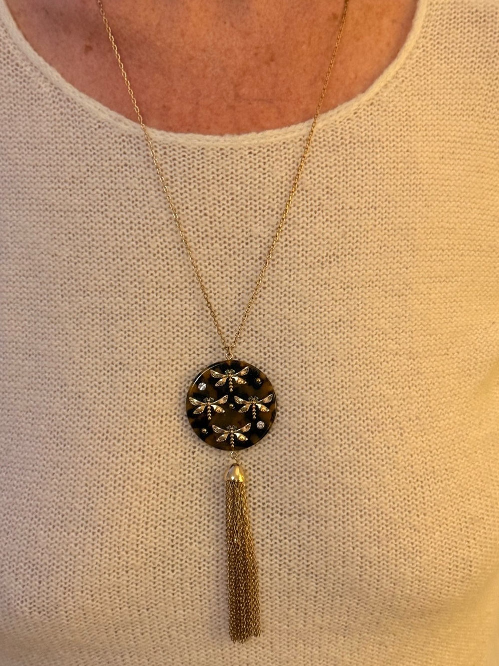Betsy Johnson Gold Tassel Pendant Necklace with Black Dragonfly Disc